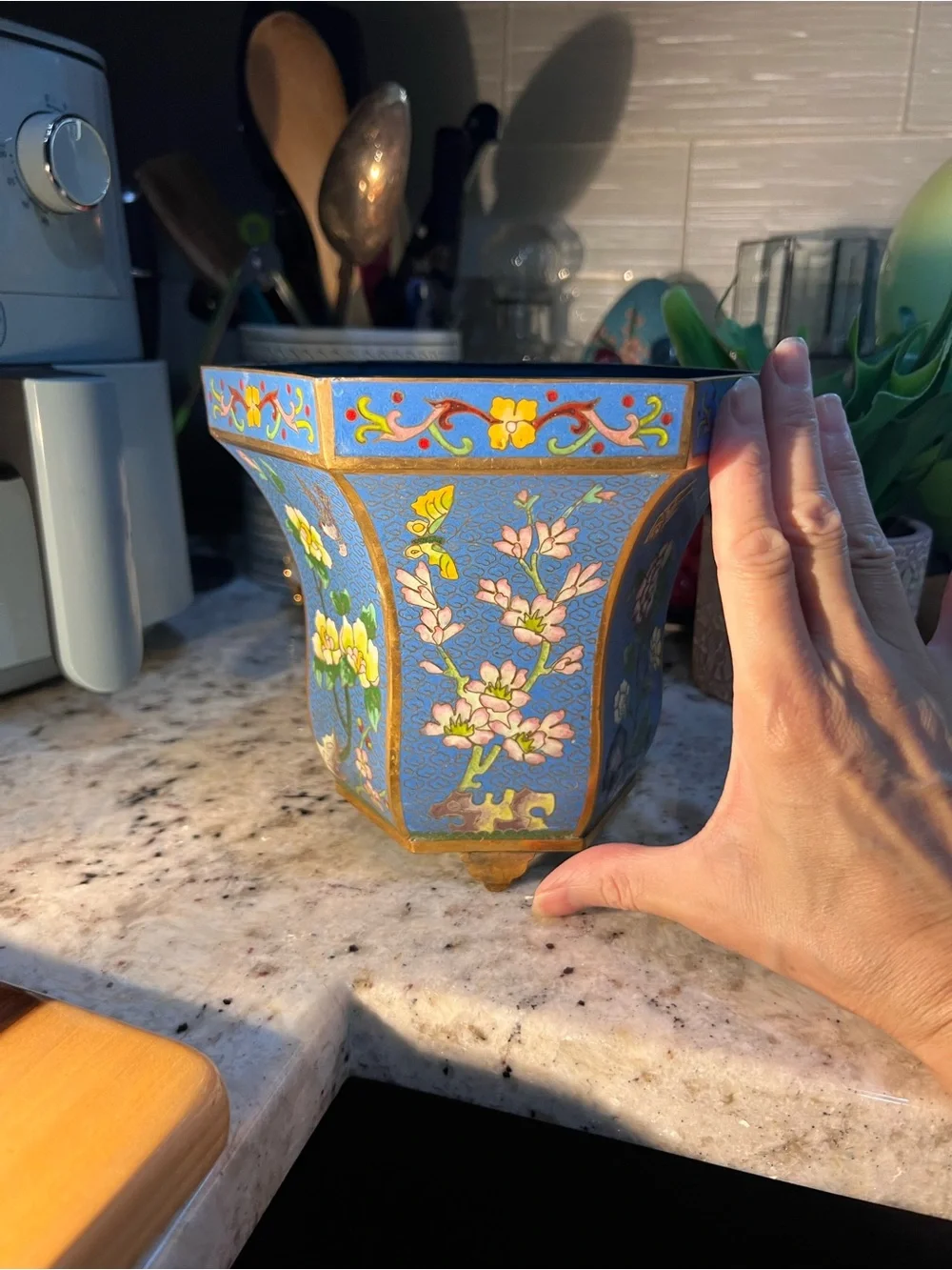 Blue Floral Cloisonné Decorative Planter read below
